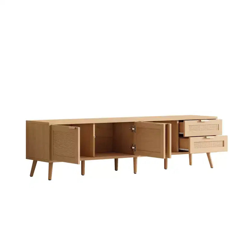 Meuble TV pour téléviseurs jusqu'à 80", meuble console média en rotin avec 2 tiroirs, trous passe-câbles et pieds en bois massif, naturel