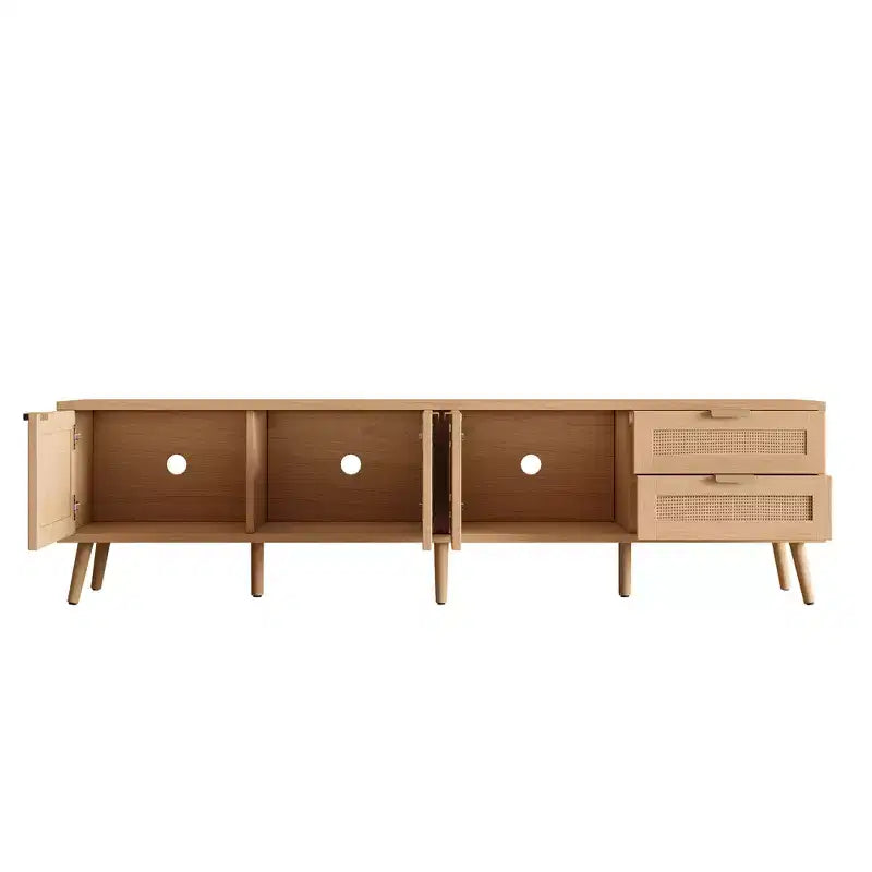 Meuble TV pour téléviseurs jusqu'à 80", meuble console média en rotin avec 2 tiroirs, trous passe-câbles et pieds en bois massif, naturel
