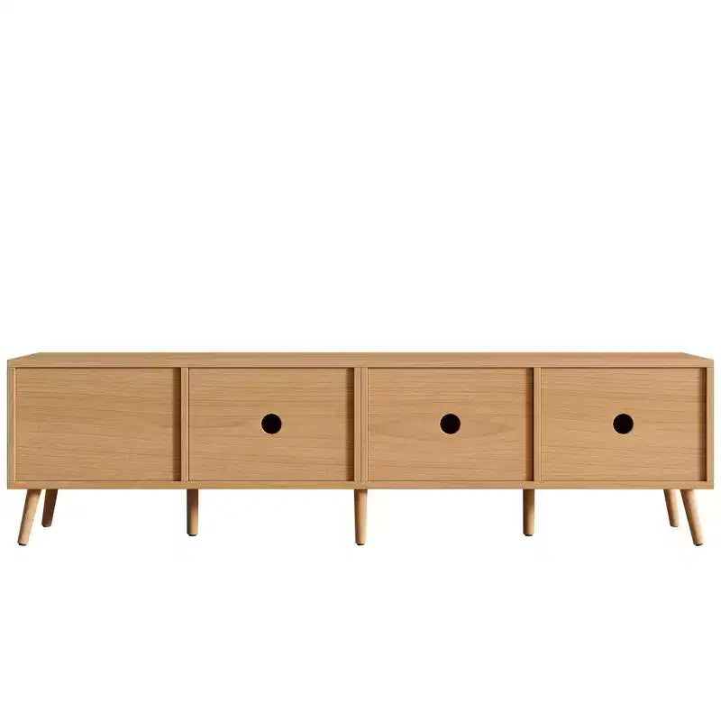 Meuble TV pour téléviseurs jusqu'à 80", meuble console média en rotin avec 2 tiroirs, trous passe-câbles et pieds en bois massif, naturel