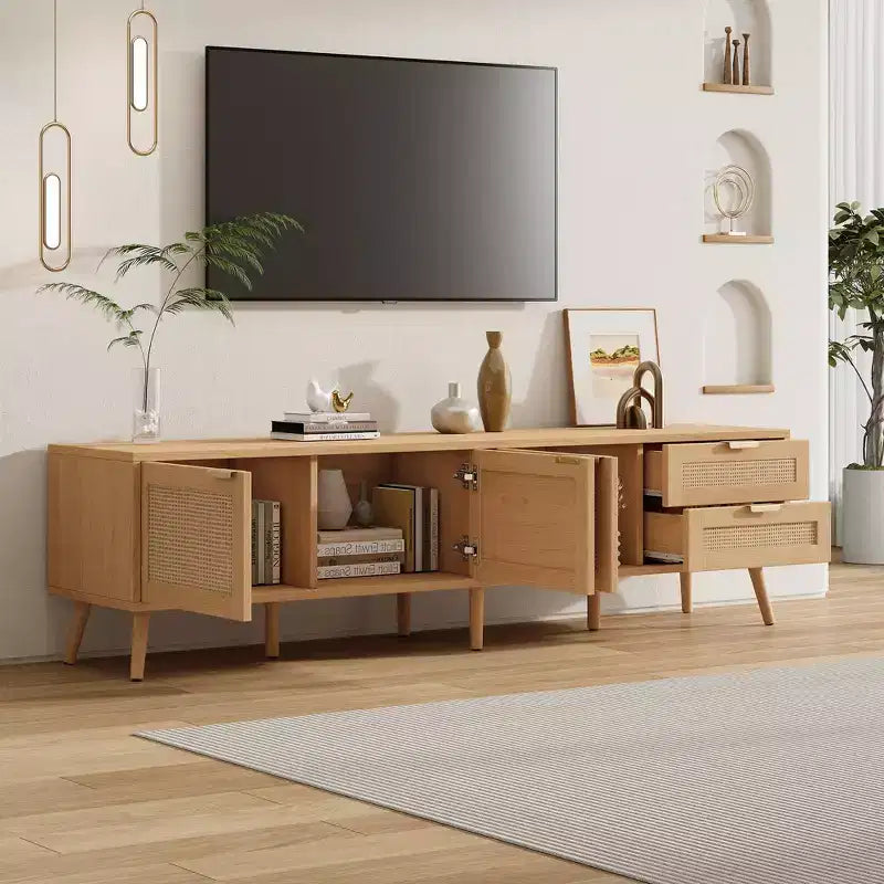 Meuble TV pour téléviseurs jusqu'à 80", meuble console média en rotin avec 2 tiroirs, trous passe-câbles et pieds en bois massif, naturel