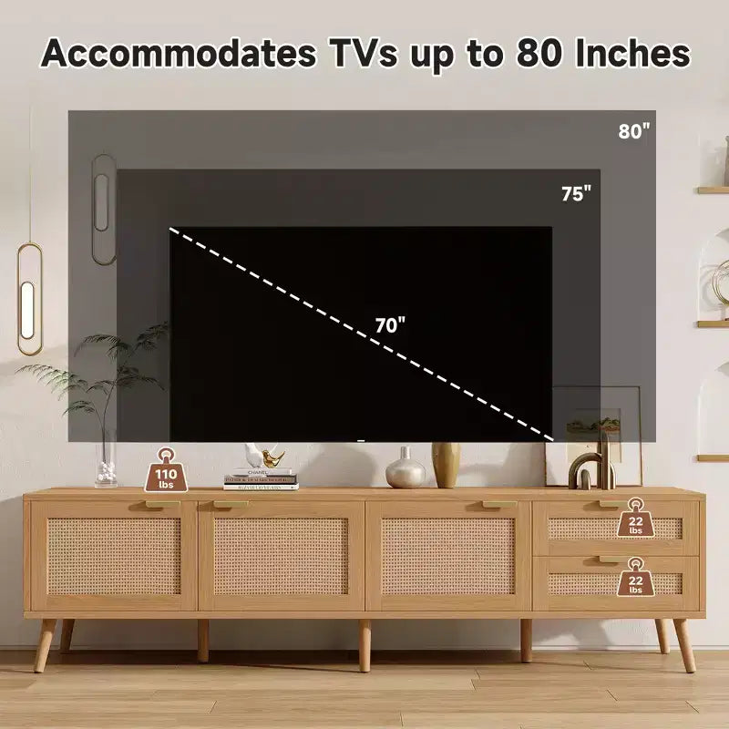 Meuble TV pour téléviseurs jusqu'à 80", meuble console média en rotin avec 2 tiroirs, trous passe-câbles et pieds en bois massif, naturel