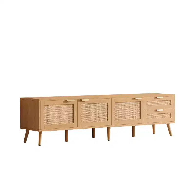 Meuble TV pour téléviseurs jusqu'à 80", meuble console média en rotin avec 2 tiroirs, trous passe-câbles et pieds en bois massif, naturel