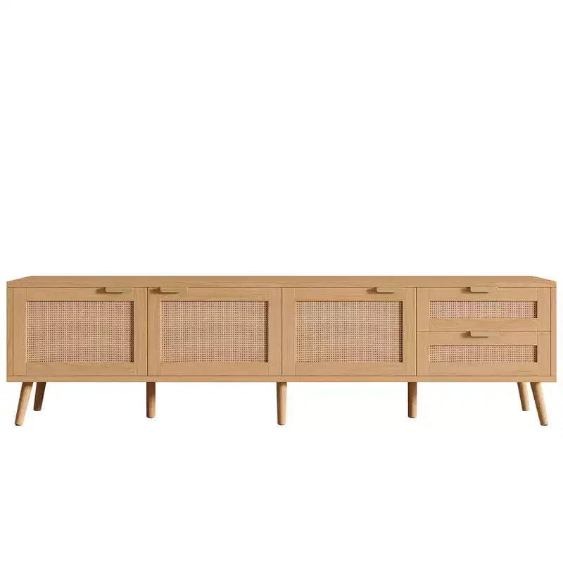 Meuble TV pour téléviseurs jusqu'à 80", meuble console média en rotin avec 2 tiroirs, trous passe-câbles et pieds en bois massif, naturel