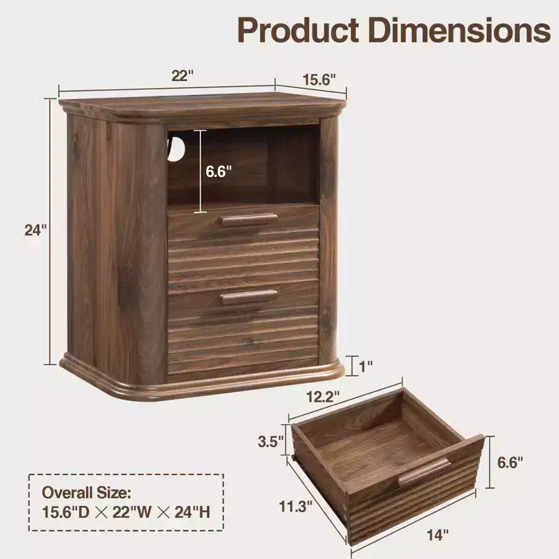 Table de chevet cannelée avec station de recharge, Table de nuit moderne avec 2 tiroirs et étagère ouverte, Table d'appoint pour salon, chambre à coucher, bureau à domicile