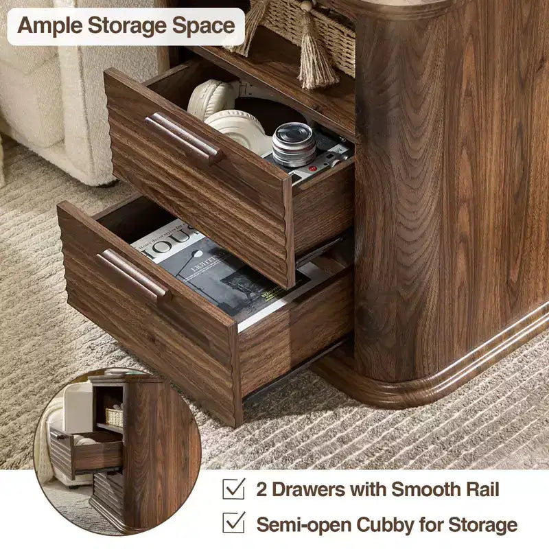 Table de chevet cannelée avec station de recharge, Table de nuit moderne avec 2 tiroirs et étagère ouverte, Table d'appoint pour salon, chambre à coucher, bureau à domicile