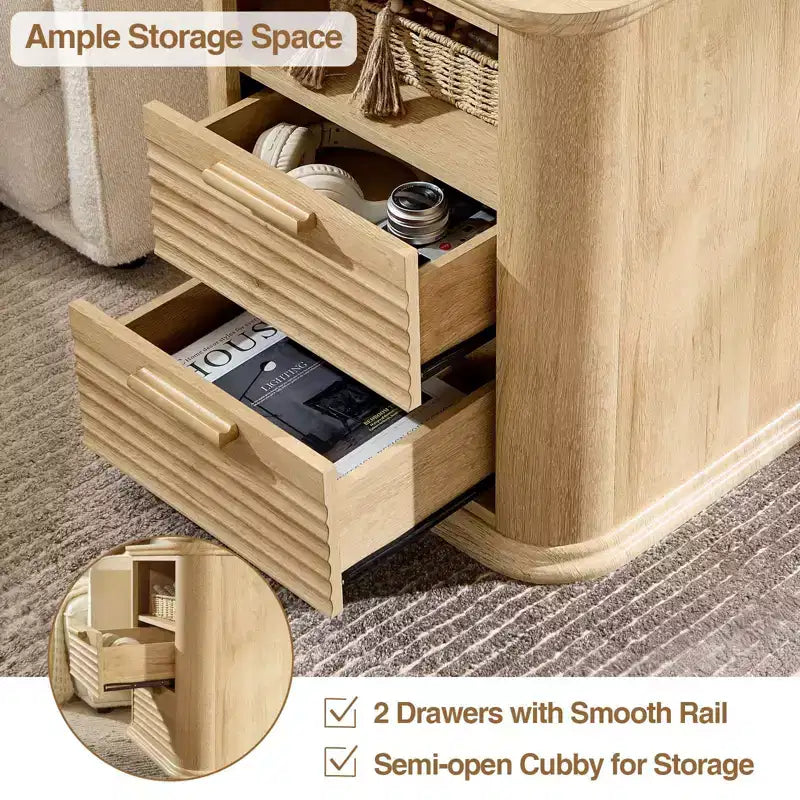 Table de chevet cannelée avec station de recharge, Table de nuit moderne avec 2 tiroirs et étagère ouverte, Table d'appoint pour salon, chambre à coucher, bureau à domicile