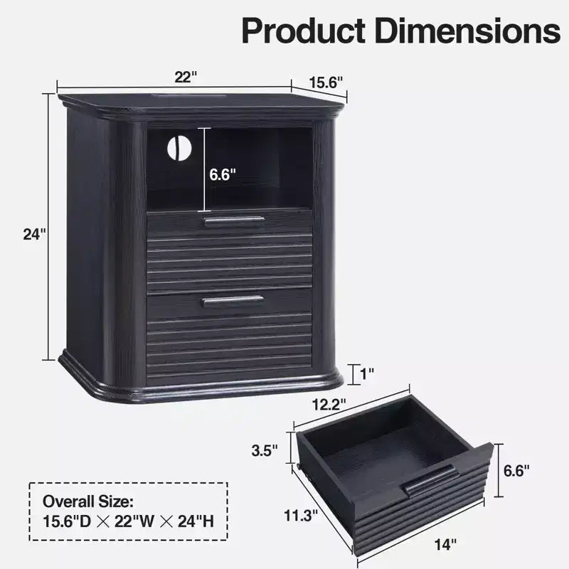 Table de chevet cannelée avec station de recharge, Table de nuit moderne avec 2 tiroirs et étagère ouverte, Table d'appoint pour salon, chambre à coucher, bureau à domicile