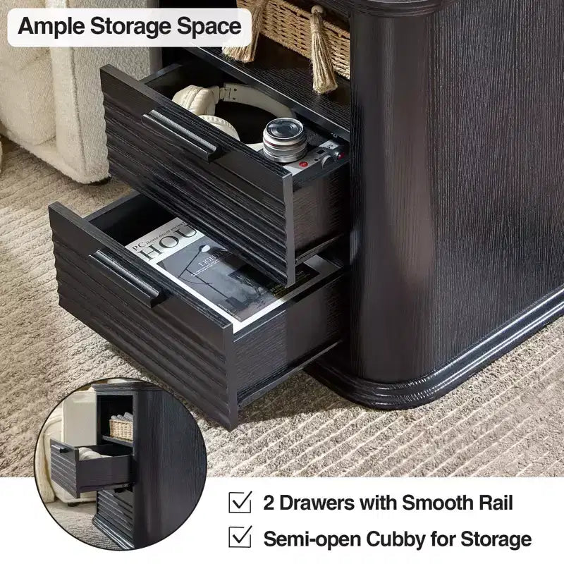 Table de chevet cannelée avec station de recharge, Table de nuit moderne avec 2 tiroirs et étagère ouverte, Table d'appoint pour salon, chambre à coucher, bureau à domicile
