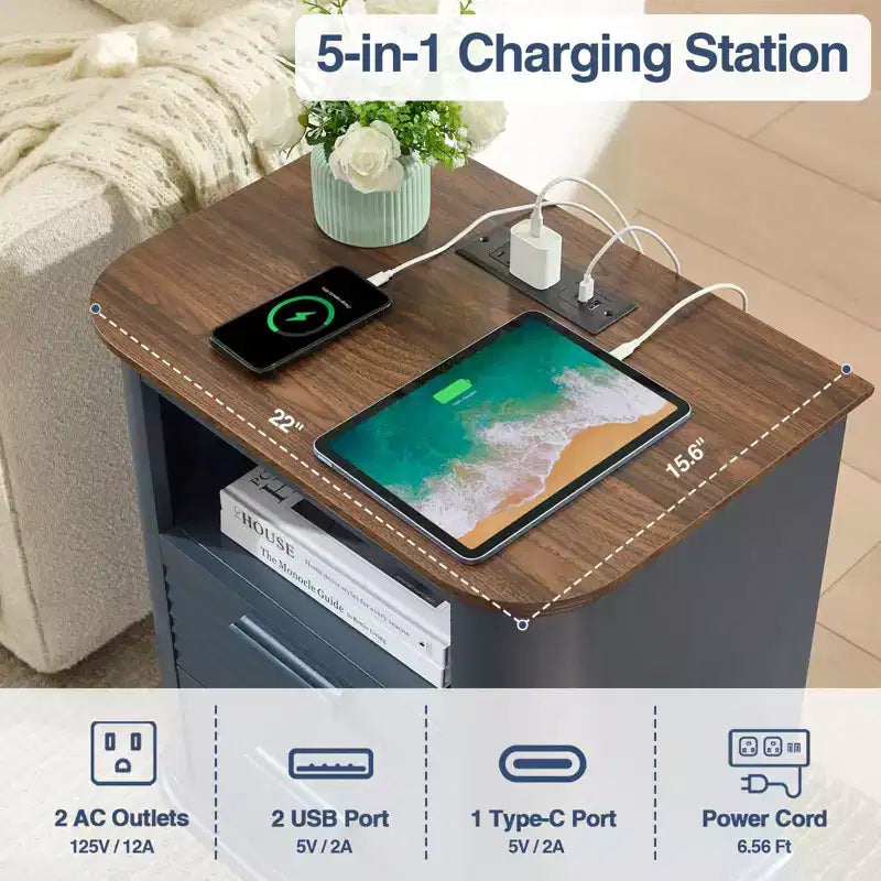 Table de chevet cannelée avec station de recharge, Table de nuit moderne avec 2 tiroirs et étagère ouverte, Table d'appoint pour salon, chambre à coucher, bureau à domicile