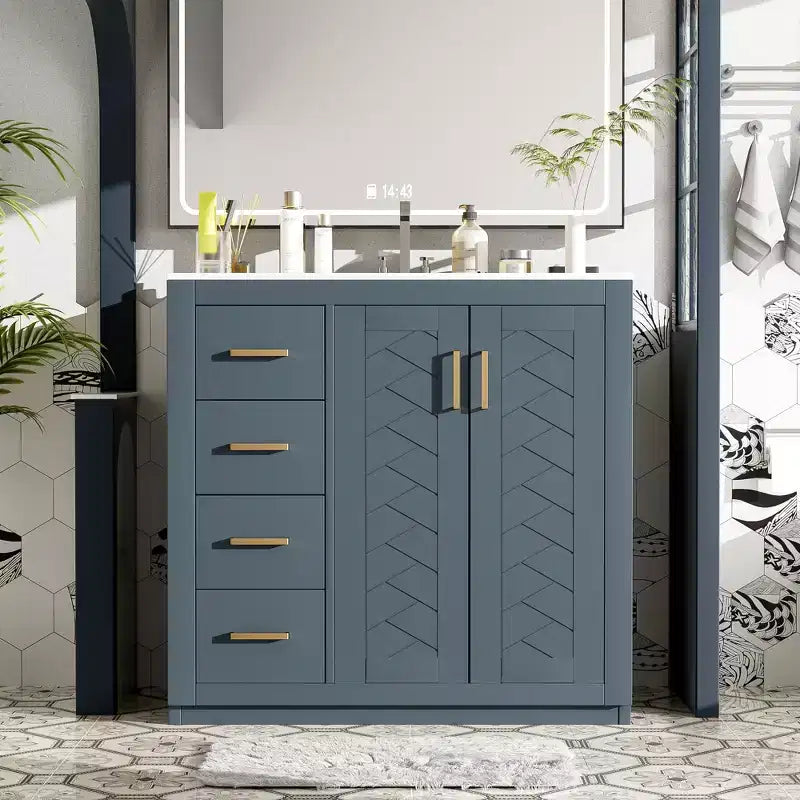 Meuble-lavabo de salle de bain de 36 po avec évier, meuble bas de salle de bain avec tiroirs et portes à fermeture amortie, meuble-lavabo simple en bois