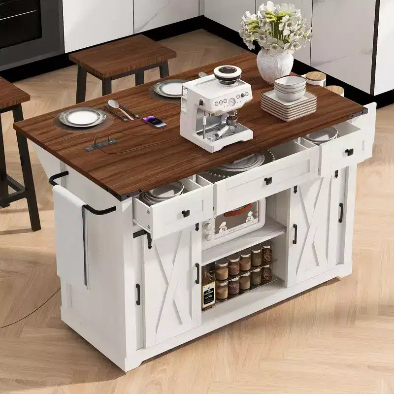 Îlot de cuisine roulant de style campagnard de 58 po avec rangement, porte coulissante de grange, porte latérale grillagée en métal et abattant.