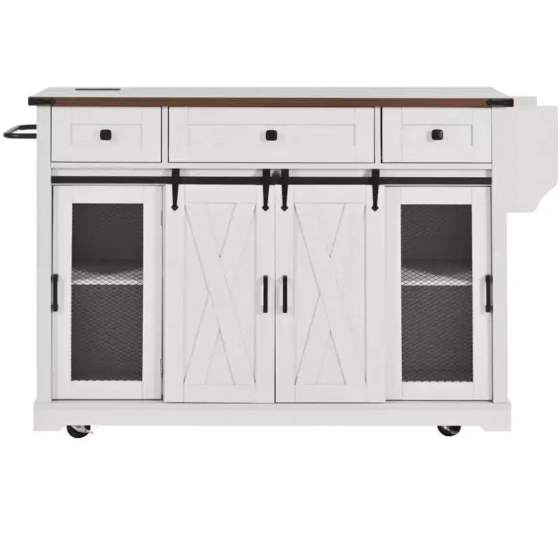 Îlot de cuisine roulant de style campagnard de 58 po avec rangement, porte coulissante de grange, porte latérale grillagée en métal et abattant.