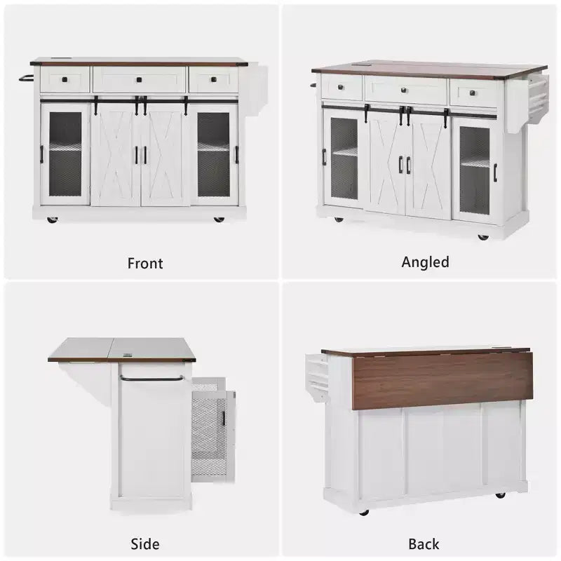 Îlot de cuisine roulant de style campagnard de 58 po avec rangement, porte coulissante de grange, porte latérale grillagée en métal et abattant.