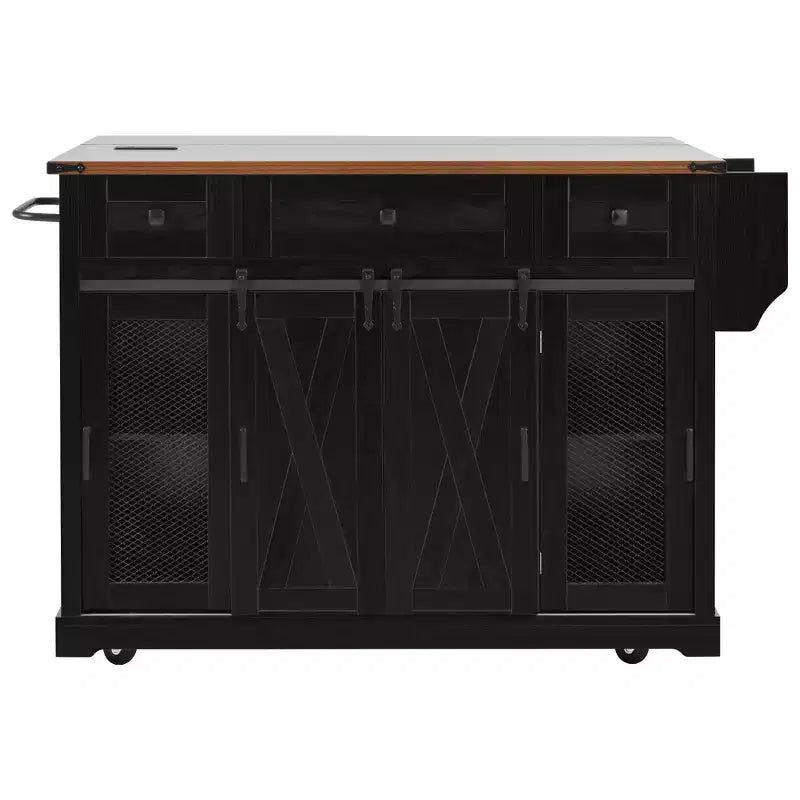 Îlot de cuisine roulant de style campagnard de 58 po avec rangement, porte coulissante de grange, porte latérale grillagée en métal et abattant.