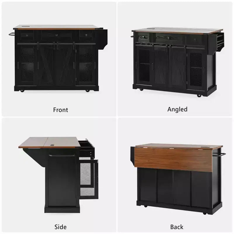 Îlot de cuisine roulant de style campagnard de 58 po avec rangement, porte coulissante de grange, porte latérale grillagée en métal et abattant.