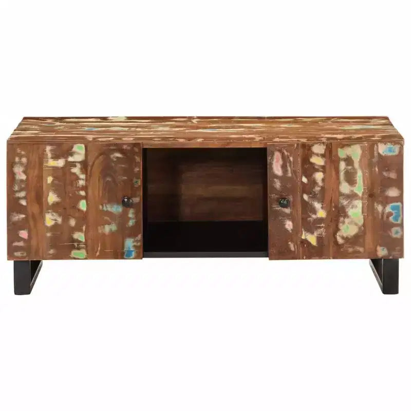 Table basse bois massif de récupération couleurs mélangées