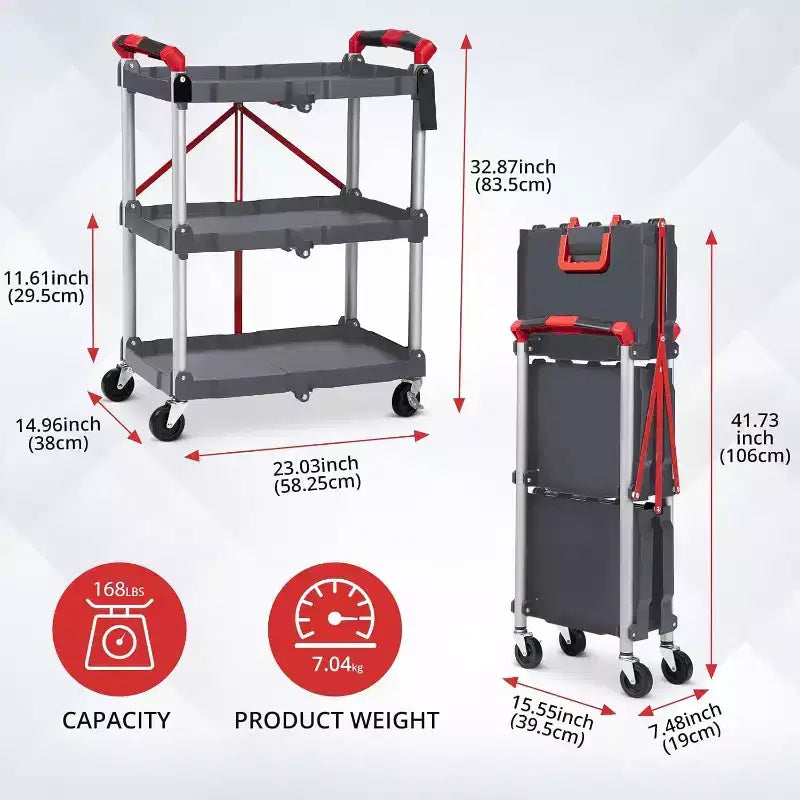 Chariot utilitaire pliable à 3 niveaux avec roulettes, Chariot de rangement roulant portable, Capacité de charge de 167 lb, Organisateur sans assemblage pour Bureau, Maison, Garage, Entrepôt