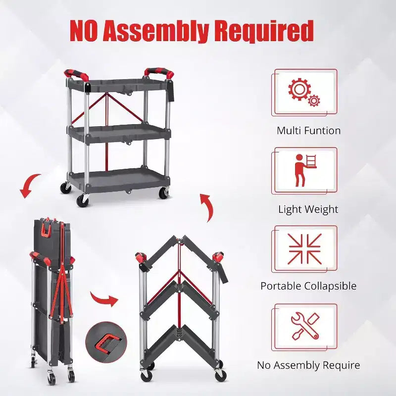Chariot utilitaire pliable à 3 niveaux avec roulettes, Chariot de rangement roulant portable, Capacité de charge de 167 lb, Organisateur sans assemblage pour Bureau, Maison, Garage, Entrepôt