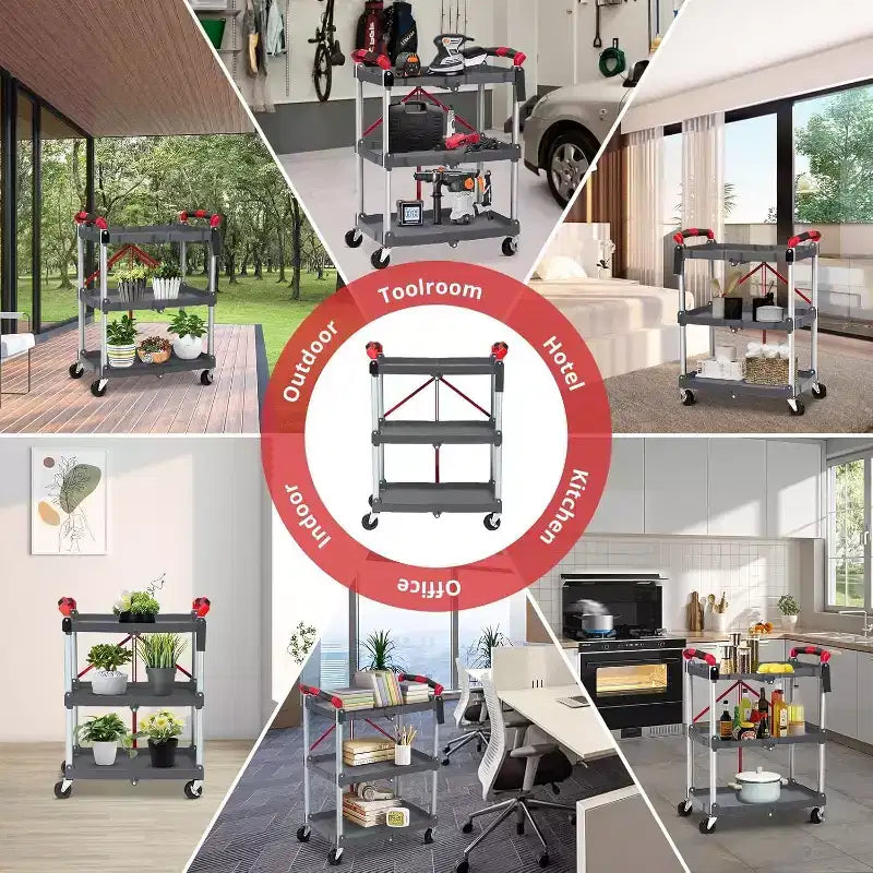 Chariot utilitaire pliable à 3 niveaux avec roulettes, Chariot de rangement roulant portable, Capacité de charge de 167 lb, Organisateur sans assemblage pour Bureau, Maison, Garage, Entrepôt