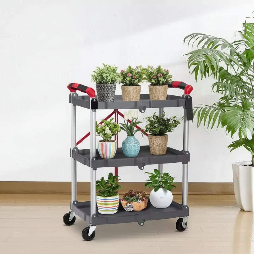 Chariot utilitaire pliable à 3 niveaux avec roulettes, Chariot de rangement roulant portable, Capacité de charge de 167 lb, Organisateur sans assemblage pour Bureau, Maison, Garage, Entrepôt