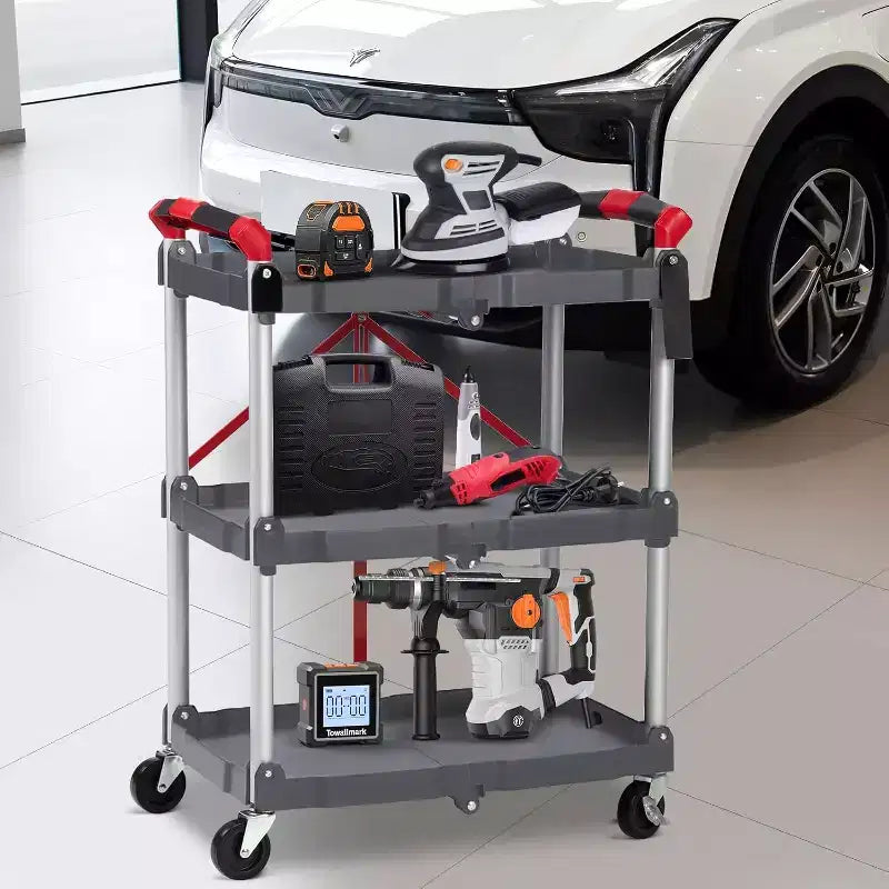 Chariot utilitaire pliable à 3 niveaux avec roulettes, Chariot de rangement roulant portable, Capacité de charge de 167 lb, Organisateur sans assemblage pour Bureau, Maison, Garage, Entrepôt