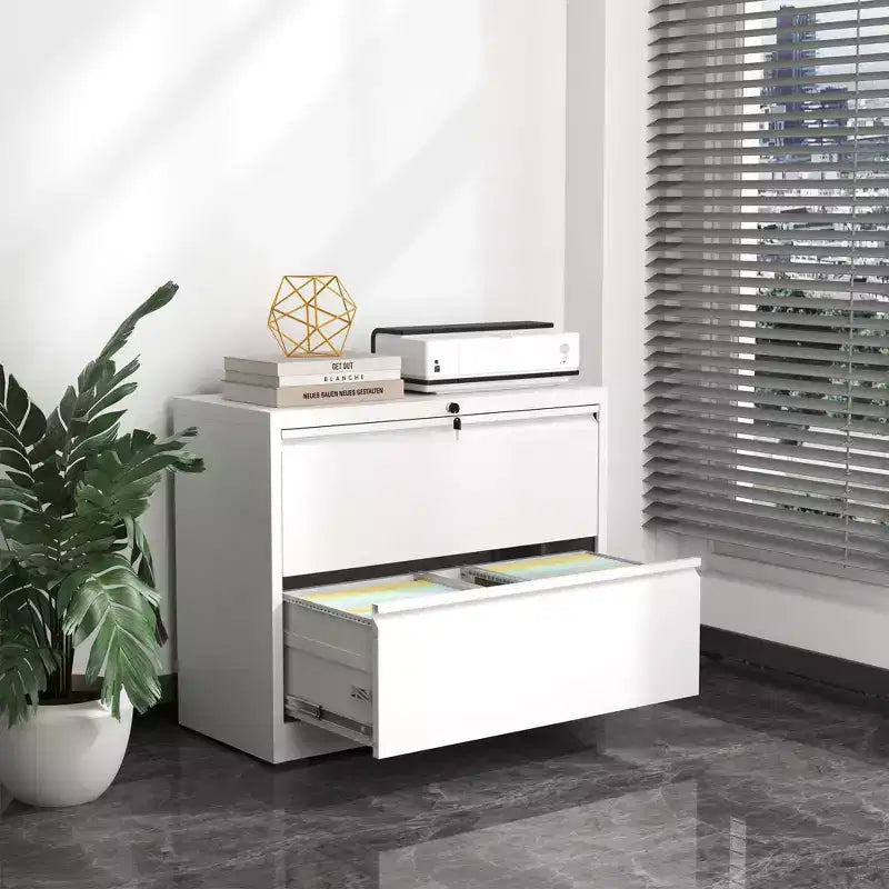Classeur latéral à 2 tiroirs de 89 cm avec serrure, armoire de classement métallique verrouillable pour bureau à domicile, convient aux formats légal/lettre/A4/F4, blanc
