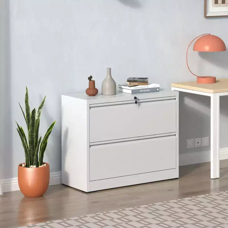 Classeur latéral à 2 tiroirs de 89 cm avec serrure, armoire de classement métallique verrouillable pour bureau à domicile, convient aux formats légal/lettre/A4/F4, blanc