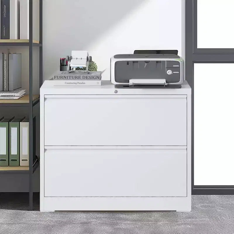 Classeur latéral à 2 tiroirs de 89 cm avec serrure, armoire de classement métallique verrouillable pour bureau à domicile, convient aux formats légal/lettre/A4/F4, blanc