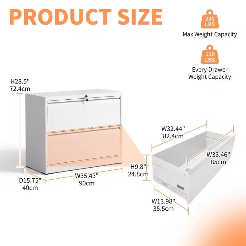 Classeur latéral à 2 tiroirs de 89 cm avec serrure, armoire de classement métallique verrouillable pour bureau à domicile, convient aux formats légal/lettre/A4/F4, blanc