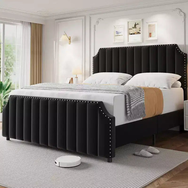 COZONY King Size Bed Frame w/ Velvet Upholstered Headboard, Rivet Decor, Strong Wood Slats, No Box Spring Needed, Easy Assembly