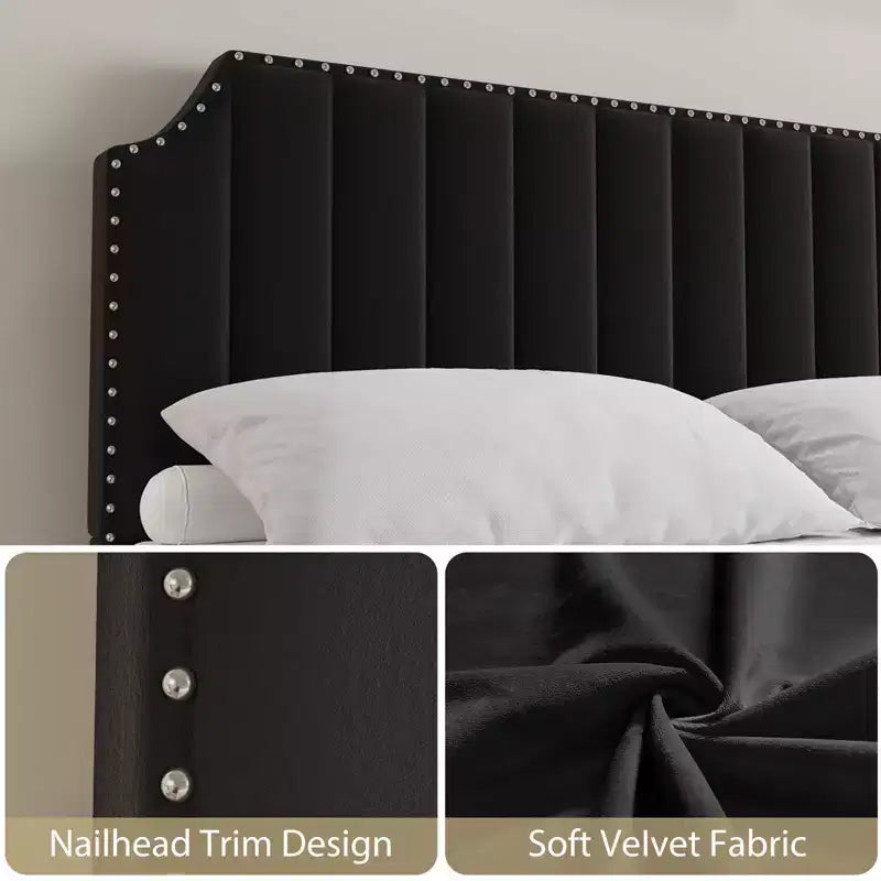 Cadre de lit King Size avec tête de lit en velours, décor de rivets, lattes en bois solides, pas besoin de sommier tapissier, assemblage facile