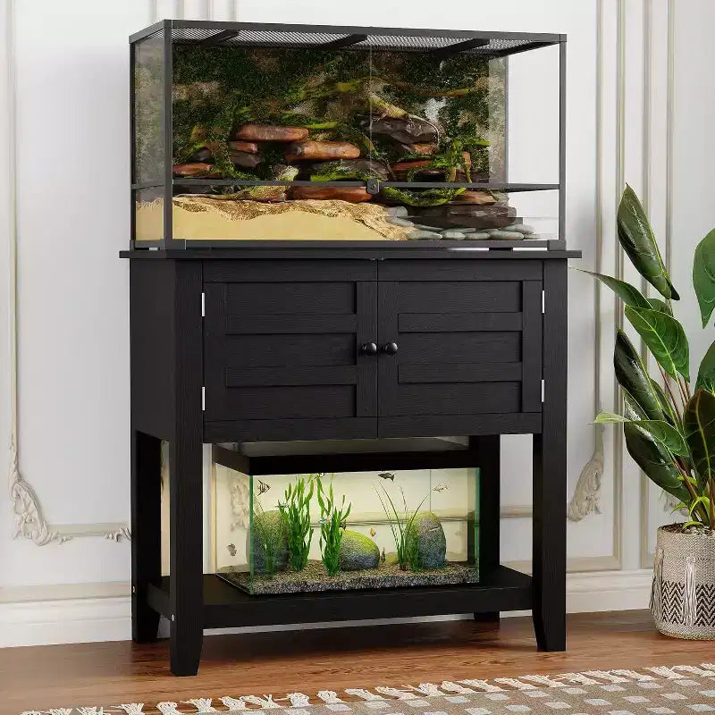 Meuble de support pour aquarium double de 110 litres avec multiprise, meuble noir avec portes magnétiques pour rangement de salon