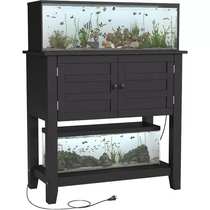 Meuble de support pour aquarium double de 110 litres avec multiprise, meuble noir avec portes magnétiques pour rangement de salon