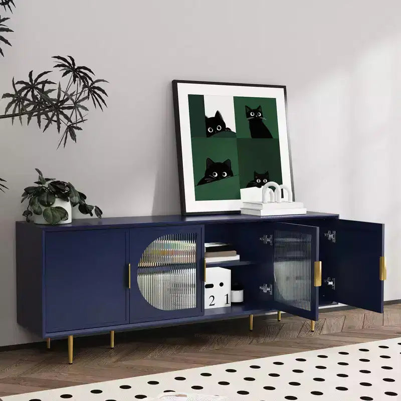 Meuble TV moderne 167,6 cm, pieds dorés, avec portes en verre, compatible avec les TV jusqu'à 75"