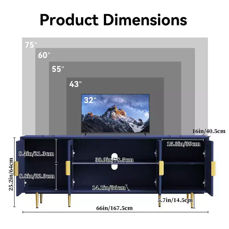 Meuble TV moderne 167,6 cm, pieds dorés, avec portes en verre, compatible avec les TV jusqu'à 75"