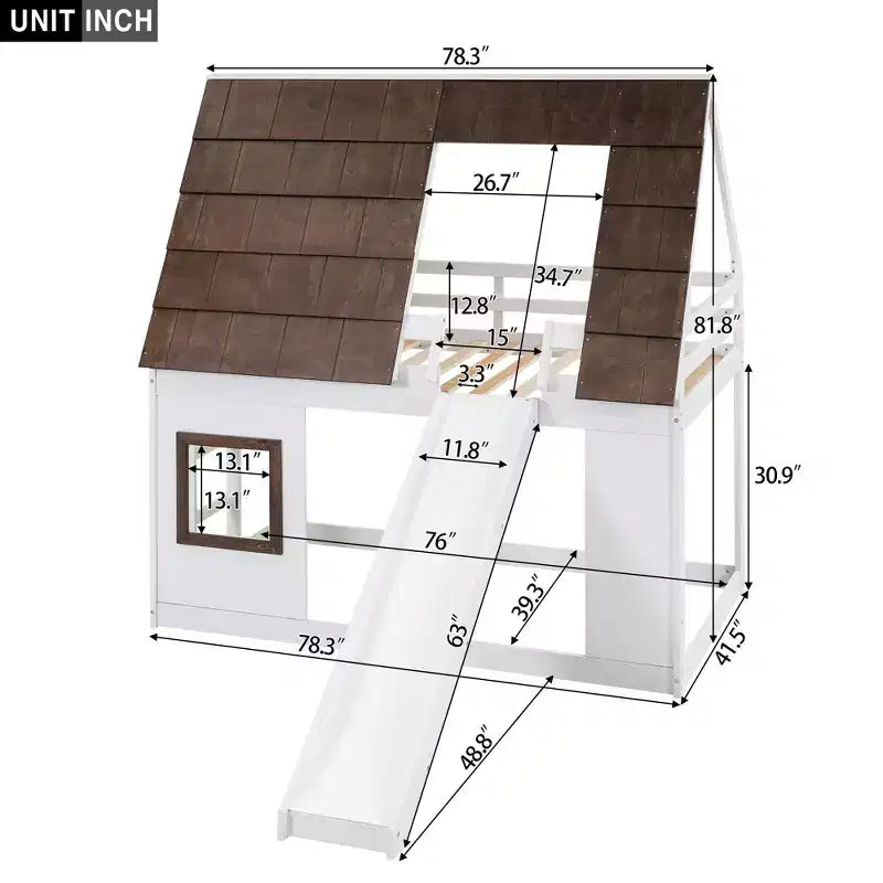 Lit superposé cabane double avec toit, fenêtre, échelle et toboggan, blanc et marron
