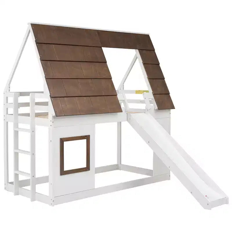 Lit superposé cabane double avec toit, fenêtre, échelle et toboggan, blanc et marron