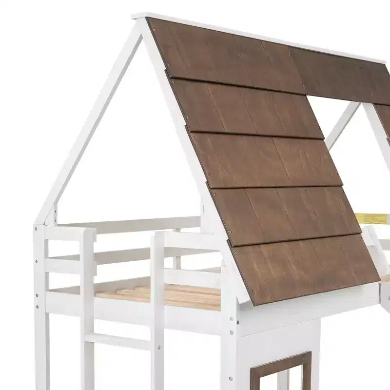 Lit superposé cabane double avec toit, fenêtre, échelle et toboggan, blanc et marron