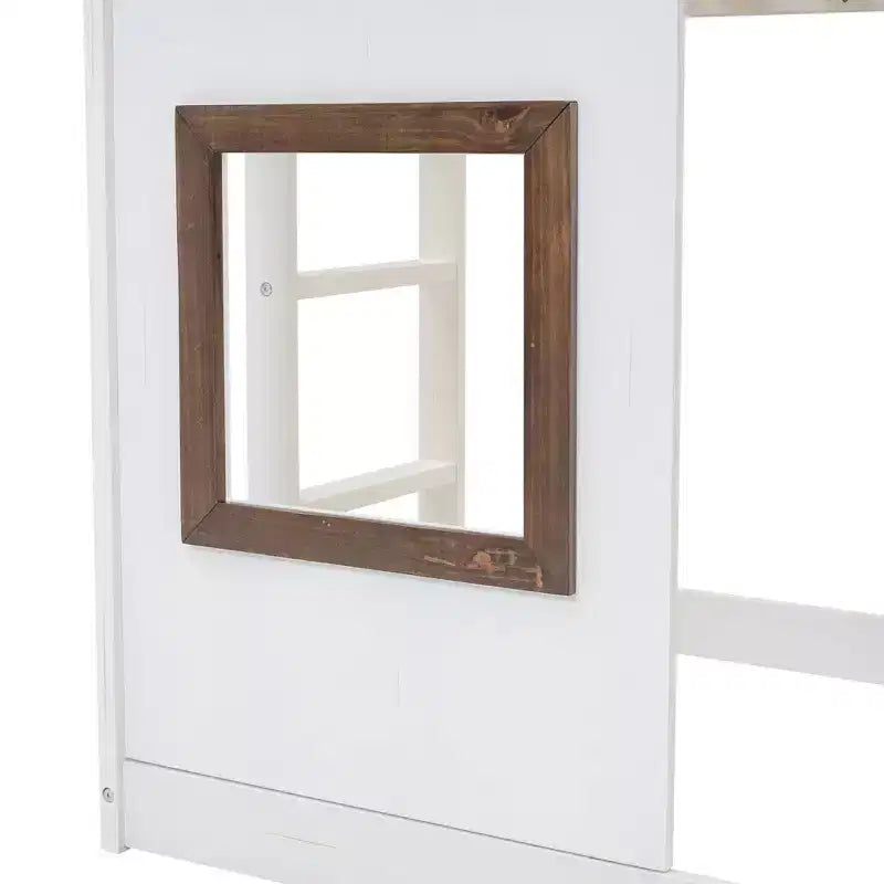 Lit superposé cabane double avec toit, fenêtre, échelle et toboggan, blanc et marron