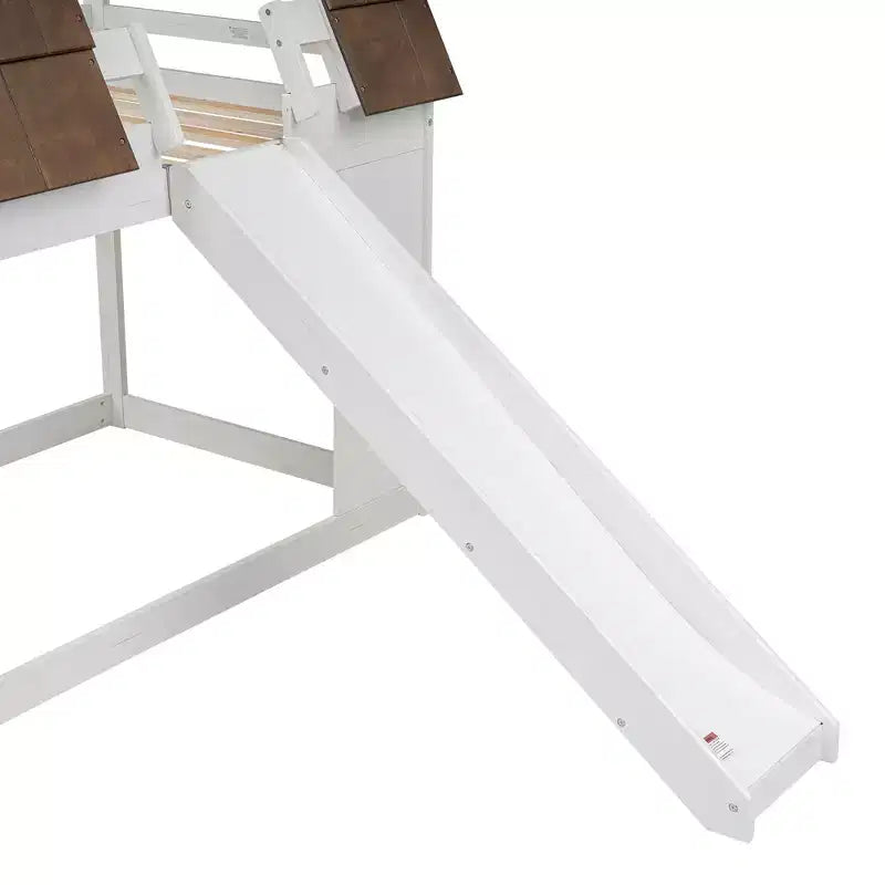 Lit superposé cabane double avec toit, fenêtre, échelle et toboggan, blanc et marron