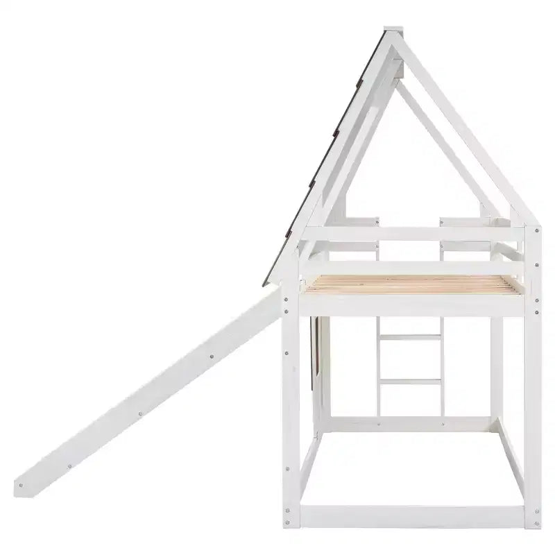 Lit superposé cabane double avec toit, fenêtre, échelle et toboggan, blanc et marron