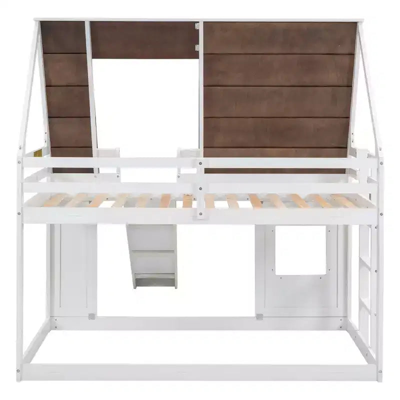 Lit superposé cabane double avec toit, fenêtre, échelle et toboggan, blanc et marron