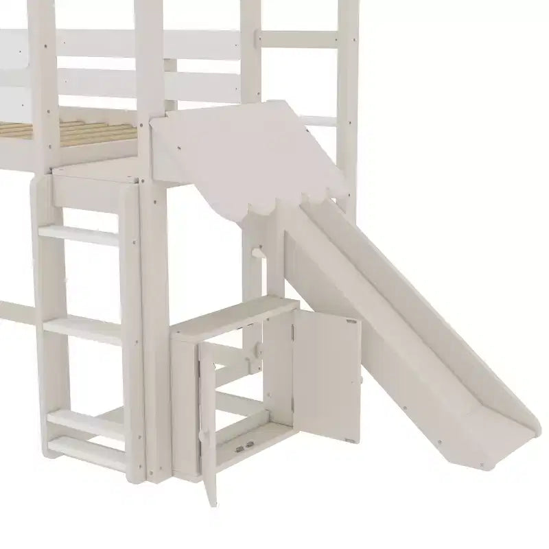 Lit mezzanine cabane avec étagère et toboggan, cadre en bois massif avec barrières de sécurité pour enfants