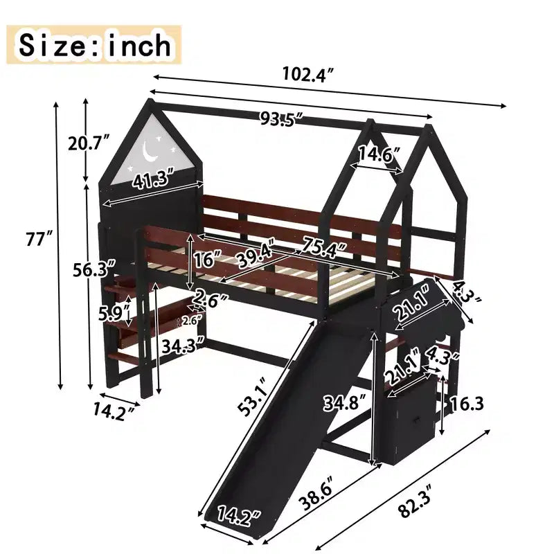 Lit mezzanine cabane avec étagère et toboggan, cadre en bois massif avec barrières de sécurité pour enfants