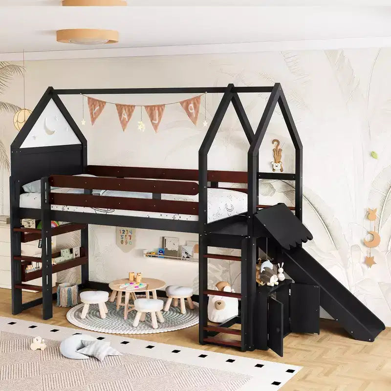 Lit mezzanine cabane avec étagère et toboggan, cadre en bois massif avec barrières de sécurité pour enfants