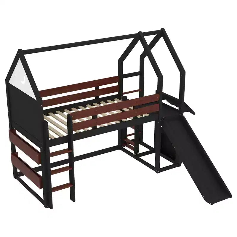 Lit mezzanine cabane avec étagère et toboggan, cadre en bois massif avec barrières de sécurité pour enfants