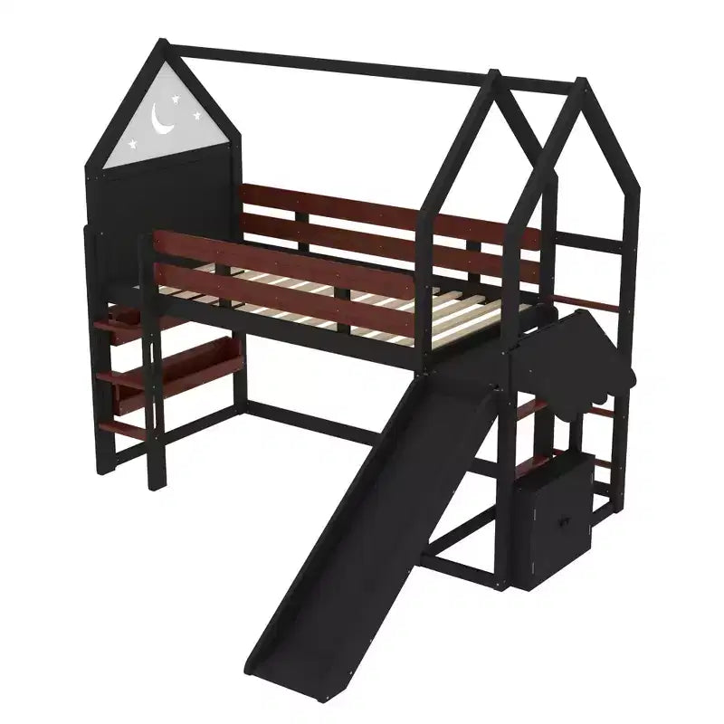 Lit mezzanine cabane avec étagère et toboggan, cadre en bois massif avec barrières de sécurité pour enfants