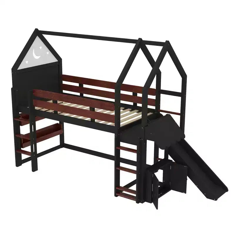 Lit mezzanine cabane avec étagère et toboggan, cadre en bois massif avec barrières de sécurité pour enfants