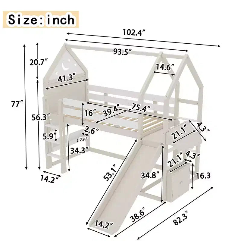 Lit mezzanine cabane avec étagère et toboggan, cadre en bois massif avec barrières de sécurité pour enfants