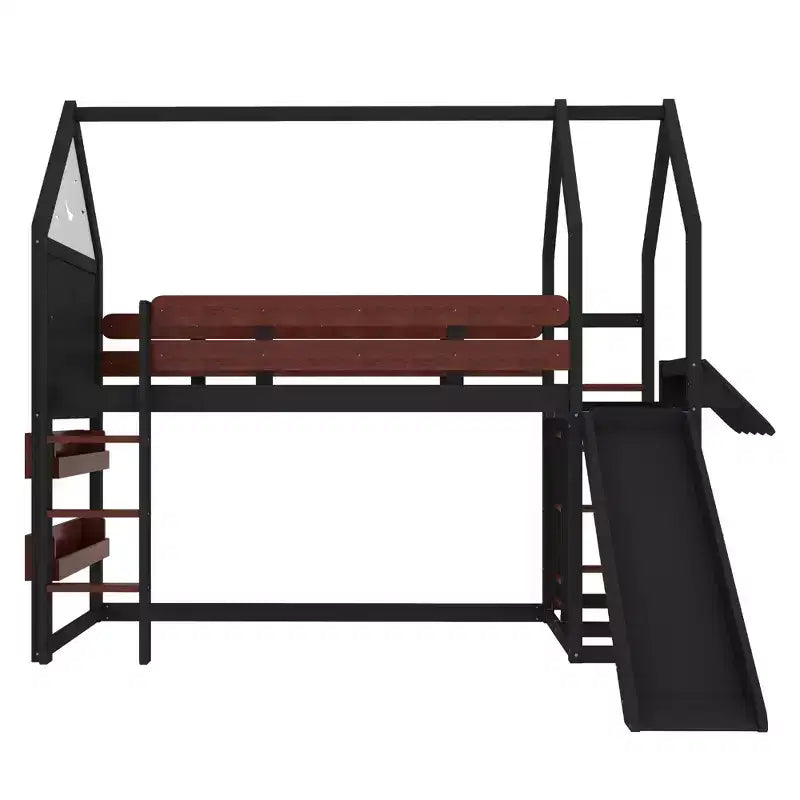 Lit mezzanine cabane avec étagère et toboggan, cadre en bois massif avec barrières de sécurité pour enfants